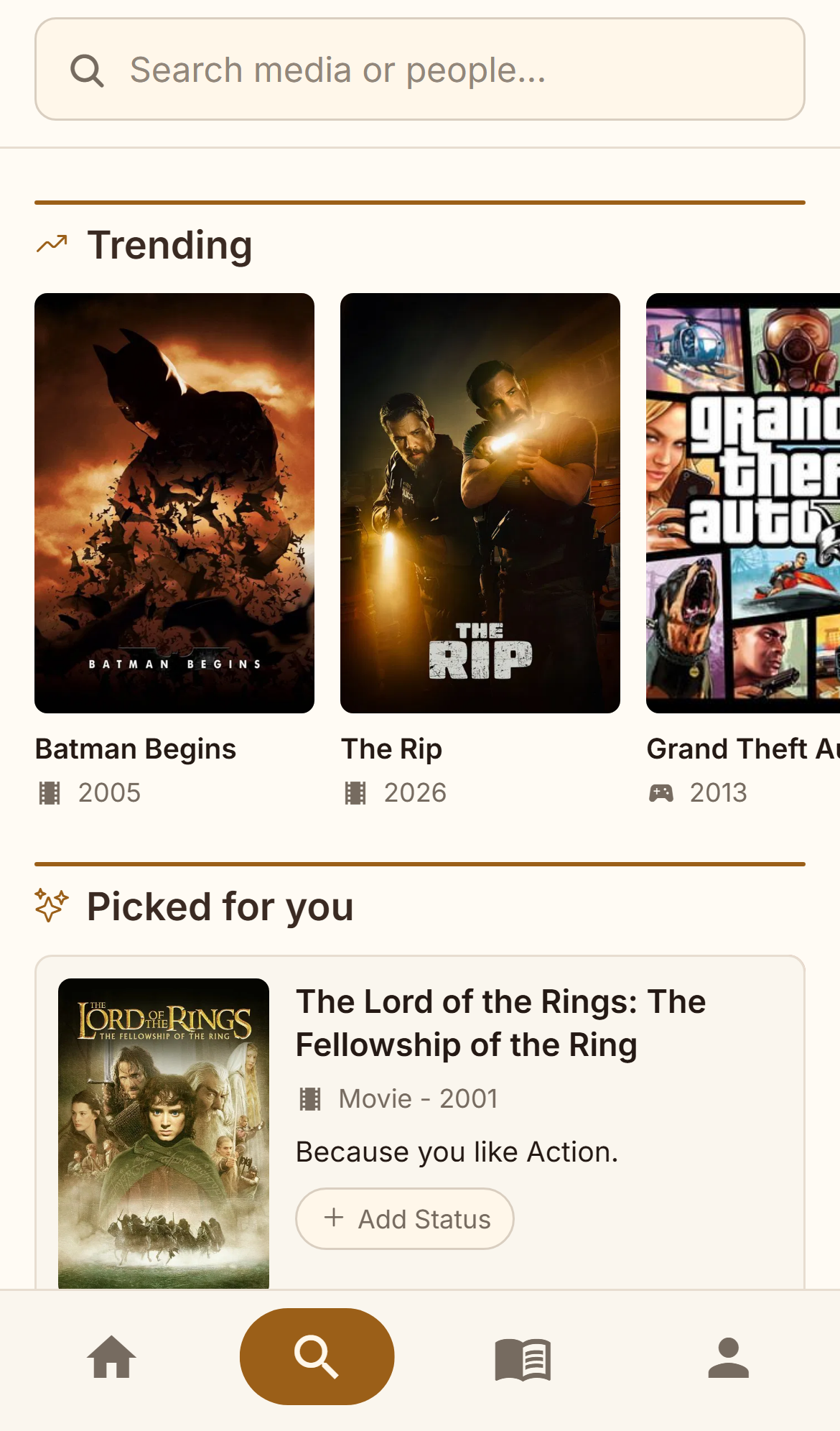Discover screen with trending titles and personal recommendations
